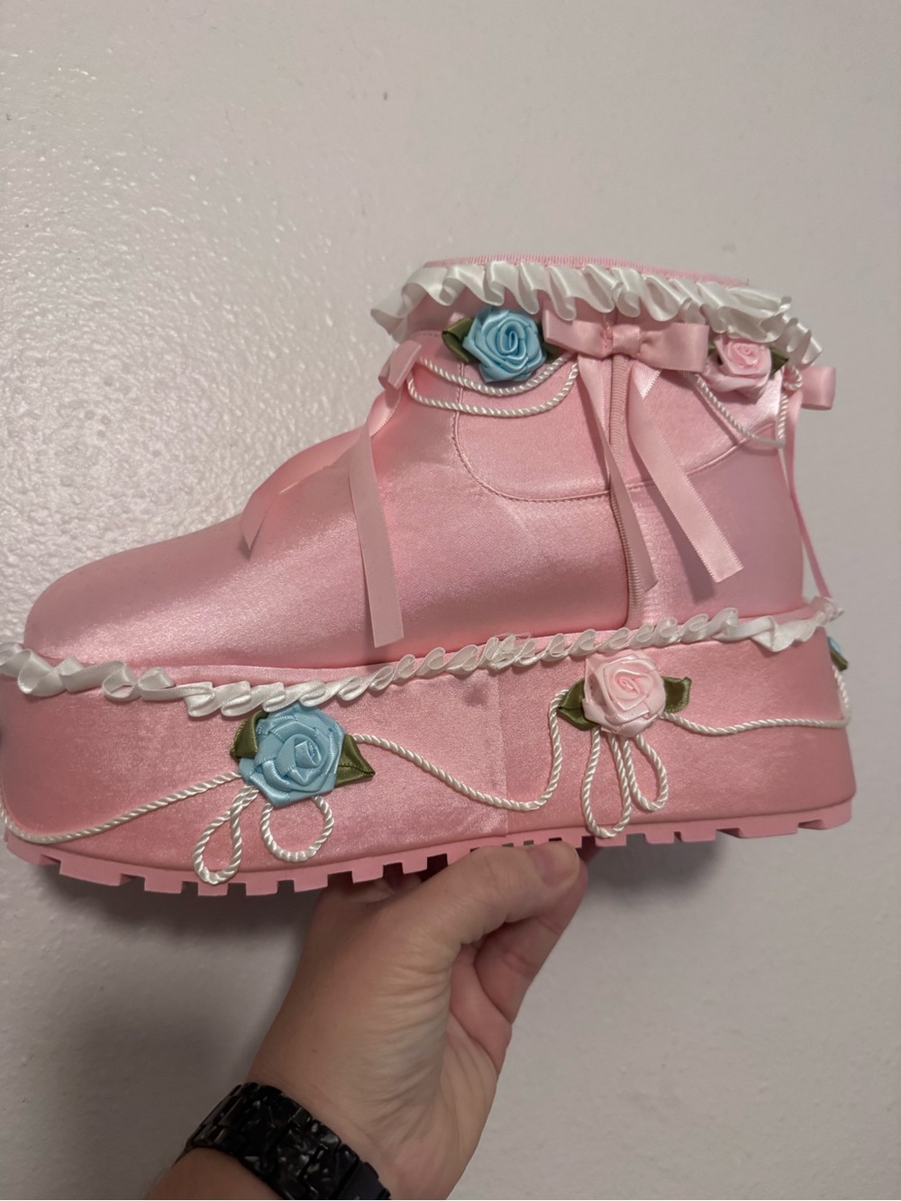 Dolls Kill Pastel Pink Satin Platform Boots with Rose Appliqués